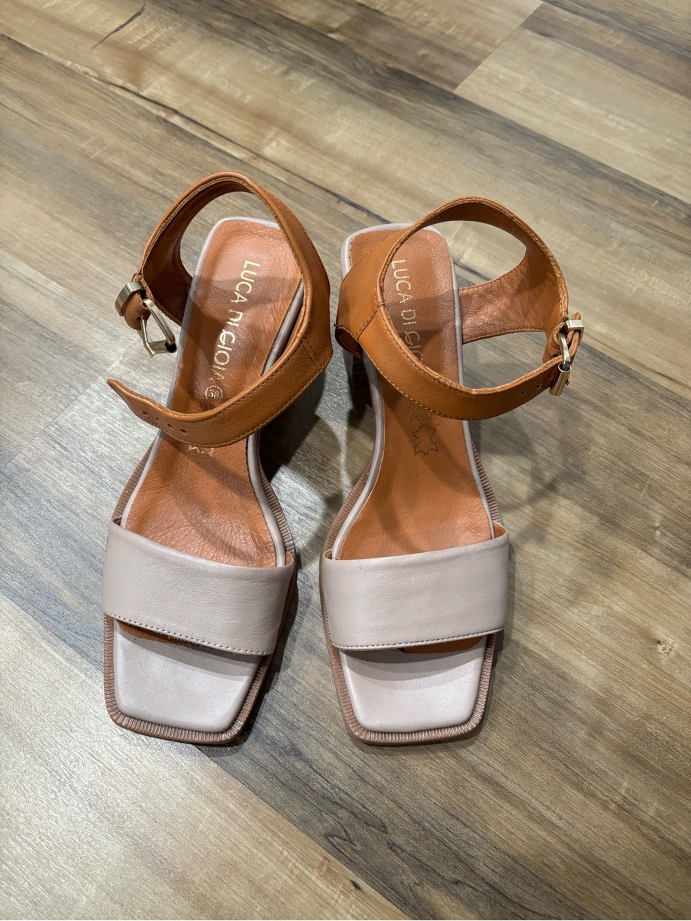European Leather Two-Tone Taupe & Brown Ankle Strap Sandals